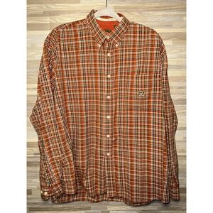 Cinch Orange Plaid Long Sleeve Button Down Western Shirt Medium Small Flaw